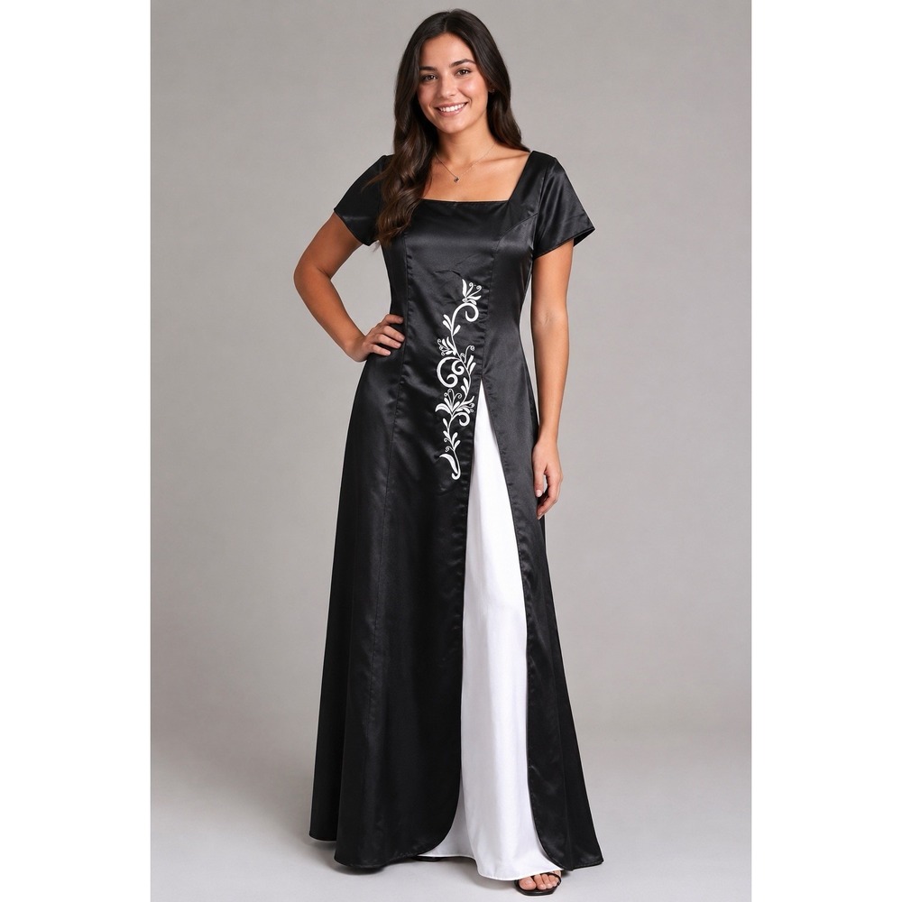 Milano Black White Embroidered Formal Gown XL Satin Prom Evening Dress